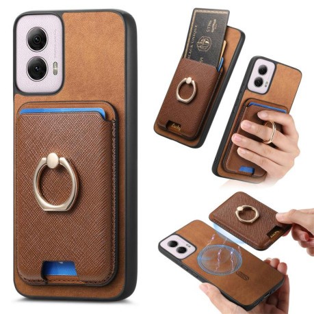 Чехол Retro Cross Leather Ring Vertical Insert Card Bag MagSafe для Motorola Moto G35 5G - коричневый