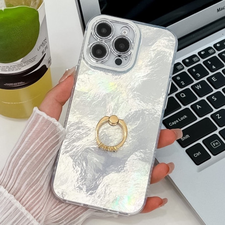 Противоударный чехол Plating Glitter Texture Ring Holder для iPhone 16 Pro - White Tinfoil Texture