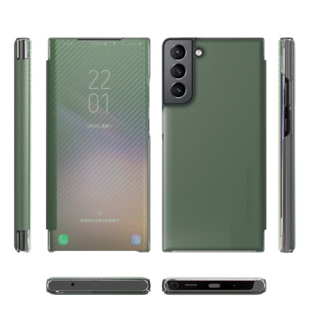 Чехол-книжка Carbon Fiber Texture View Time для Samsung Galaxy S22 Plus 5G - зеленый