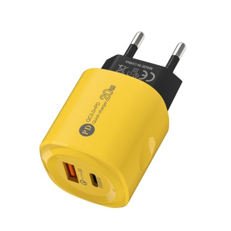 Зарядное устройство PD20W Type-C + USB QC3 Charging Charger, Plug Type - желтый