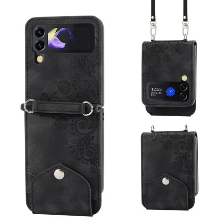 Противоударный чехол Skin Feel Flowers Embossed Wallet для Samsung Galaxy Flip 5 - черный