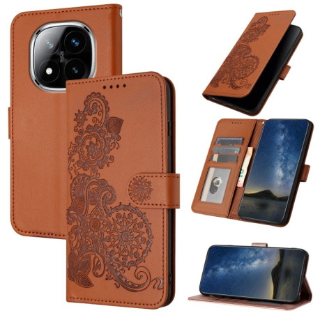 Чехол-книжка Embossed Flower Zipper Leather на Redmi Note 14 Pro+ 5G - коричневый