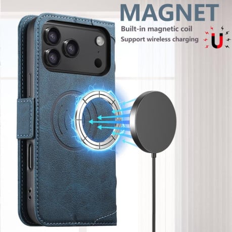 Чехол-книжка SUTENI J07 Multifunctional с Magsafe и магнитным хлястиком на iPhone 17 Pro Max - синий