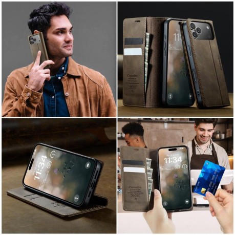 Чехол-книжка CaseMe 033 с фактурой Calf и защитой от сканирования RFID для iPhone 17 Pro Max — кофейный