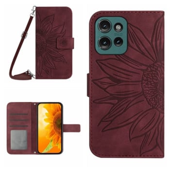 Чехол-книжка Skin Feel с рисунком подсолнуха на Motorola Moto G75 5G - винно-красный