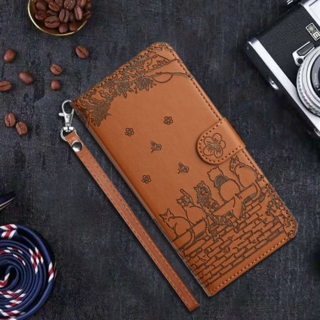 Чехол-книжка Cat Embossing Pattern на iPhone 16e - коричневый