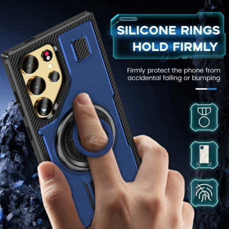 Противоударный чехол Ring Holder Carbon Fiber PC Hybrid TPU для Samsung Galaxy S25 Ultra 5G - синий