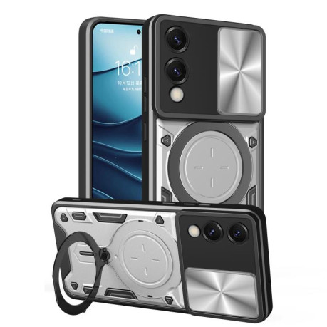 Противоударный чехол CD Texture Sliding Camshield Magnetic Holder на Samsung Galaxy S25 Edge 5G - серебристый