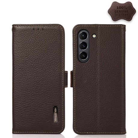 Кожаный чехол-книжка KHAZNEH Genuine Leather RFID для Samsung Galaxy S21 FE 5G - коричневый