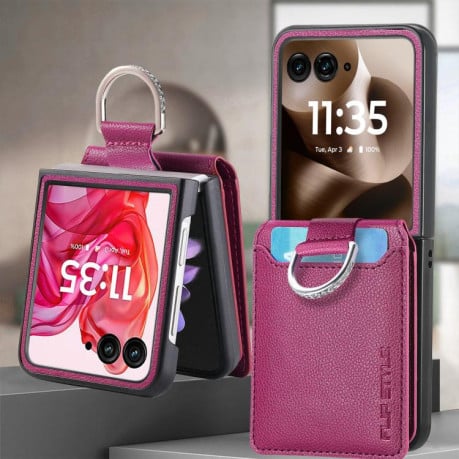 Противоударний чехол Litchi Texture Leather Ring Wallet на Motorola Razr 60 Ultra - фіолетовий