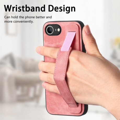 Противоударный чехол Wristband Leather Back для iPhone 16e - розовый