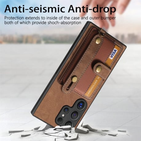 Противоударный чехол Retro Cross Wristband Wallet Leather для Samsung Galaxy S24 Ultra 5G - коричневый