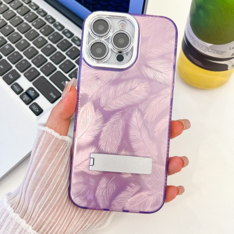 Противоударный чехол Plating Glitter Texture Fold Holder  with Lens Film для  iPhone 16 Pro - Purple Feathers