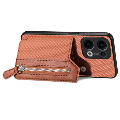 Противоударный чехол Carbon Fiber Horizontal Flip Zipper Wallet для OPPO Reno13 5G - коричневый