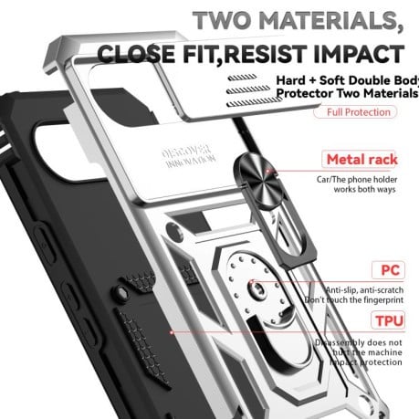 Чехол со шторкой на камеру Sliding Camshield и подставкой на Google Pixel 10a — серебристый