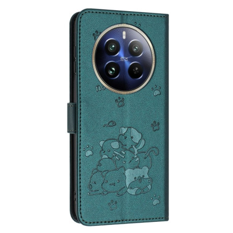 Чехол-книжка Embossed Kitten Phone Leather для Realme 12+ 5G/12 4G/13 4G - зеленый