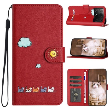 Чохол-книжка Cartoon Cats Leather для Xiaomi Poco X6 Pro - червоний