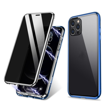 Двухсторонний стеклянный магнитный чехол R-JUST Four-corner для iPhone 12 Pro Max - сине-серый