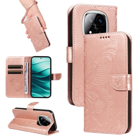 Чехол-книжка Swallowtail Butterfly Embossed Leather для Xiaomi Redmi Note 14 Pro / 14 Pro+ 5G - розовое золото