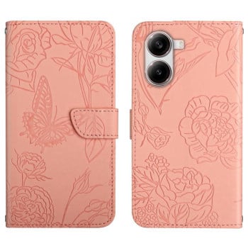 Чехол-книжка с тиснением “бабочки” и магнитным хлястиком на Xiaomi Poco X7 Pro - розовый