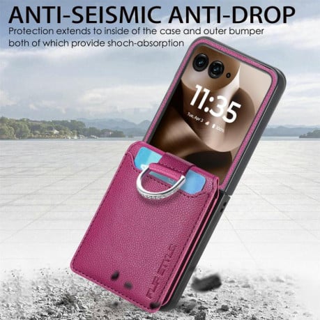 Противоударний чехол Litchi Texture Leather Ring Wallet на Motorola Razr 60 Ultra - фіолетовий
