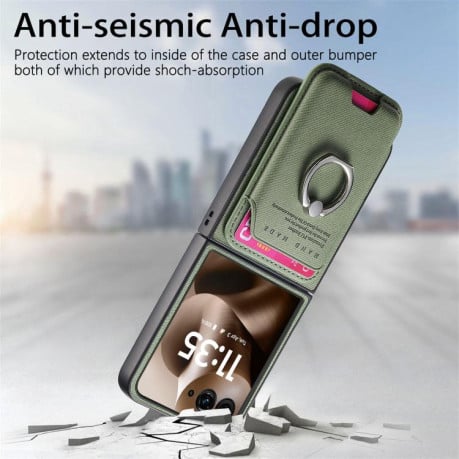 Противоударный чехол Twill Fabric Card Bag Ring Magnetic для Motorola Moto Razr 60 Ultra 5G - зелений
