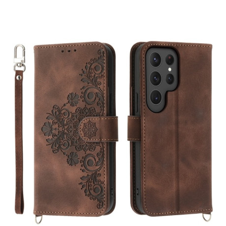 Чохол-книжка Skin-feel Flowers Embossed на Samsung Galaxy S24 Ultra 5G - коричневий
