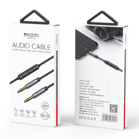 Адаптер Yesido YAU30 3.5mm Male to 3.5mm Male Audio Cable with Microphone, Length:1.2m - черный