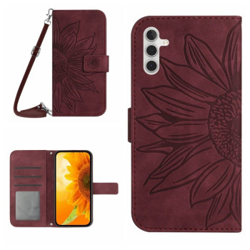Чехол-книжка Skin Feel с рисунком подсолнуха на Samsung Galaxy A04S  - винно-красный