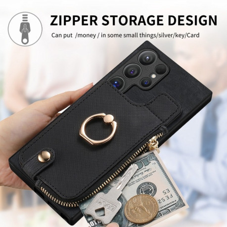 Чохол Cross Leather Ring Vertical Zipper Wallet на Samsung Galaxy S24 Ultra 5G - чорний