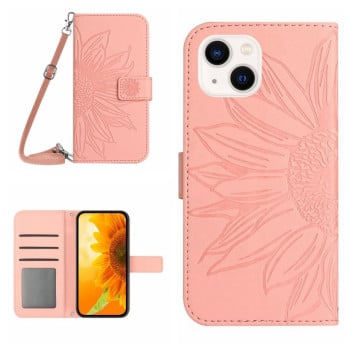 Чехол-книжка Skin Feel с рисунком подсолнуха на iPhone 15 - розовый