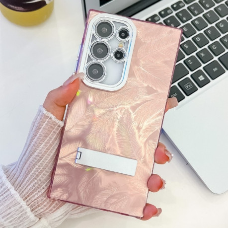 Протиударний чохол Plating Glitter Texture TPU with Lens Film для Samsung Galaxy S25 Ultra 5G - Pink Feathers