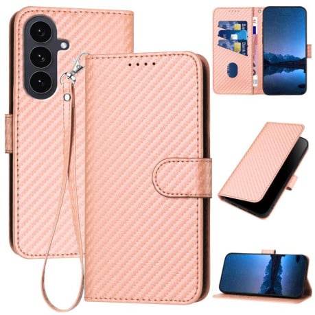 Чохол-книжка з фактурою Carbon Fiber магнітним хлястиком, ремінцем на Samsung Galaxy S25 FE 5G - рожевий