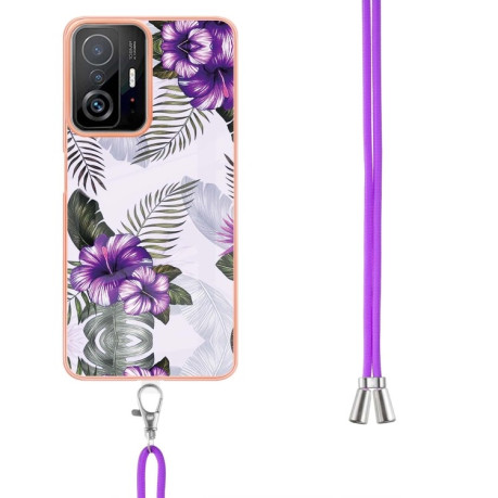 Противоударный чехол Electroplating IMD with Lanyard для Xiaomi Mi 11T / Mi 11T Pro - Purple Flower
