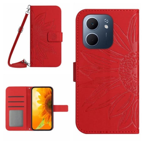 Чехол-книжка Skin Feel с рисунком подсолнуха на OPPO A5x 4G Global / 5G Global - красный
