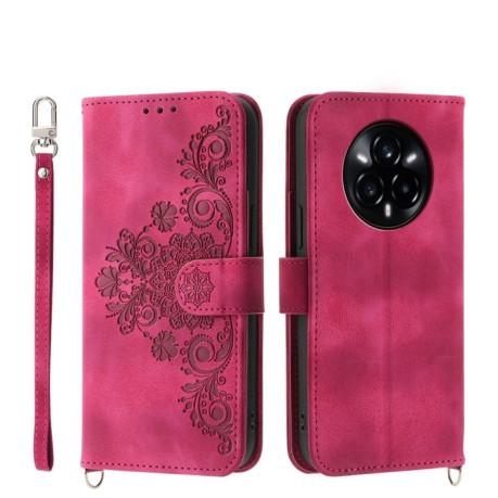Чехол-книжка Skin-feel Flowers Embossed для Realme 14 Pro+ - винно-красный
