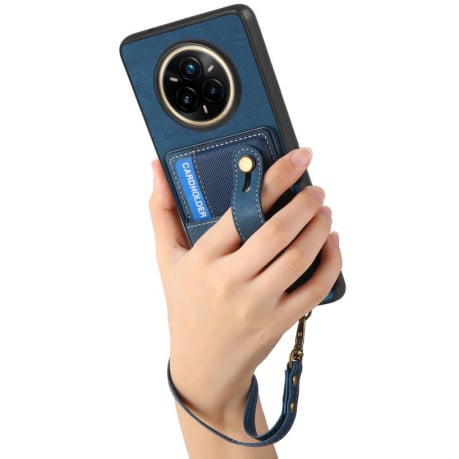Противоударний чехол Retro Cross Wristband Wallet Leather для Realme 14 Pro+ - синій