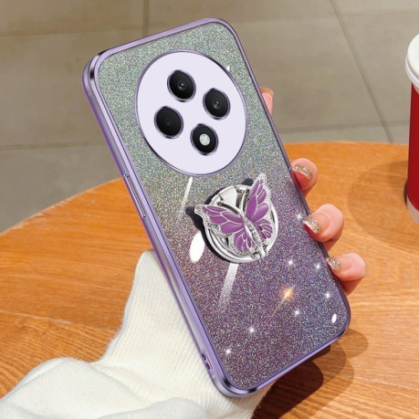 Противоударный чехол Plated Gradient Glitter Butterfly Holder для OPPO Reno12 F/12FS- фиолетовый