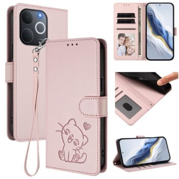 Чохол-книжка Escase з рельєфним котом і ремінцем на Realme Note 70 / Note 70T 4G / C71 4G India — рожевий