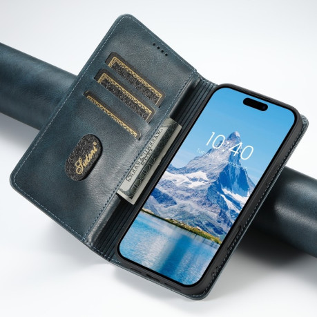 Противоударный чехол Suteni H02 Leather Wallet Stand для iPhone 16 Plus - синий
