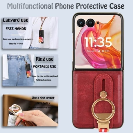 Противоударный чехол Wristband Leather Back для Motorola Razr 50 Ultra - красный