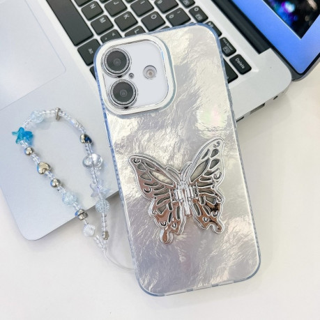 Противоударный чехол Plating Glitter Lens Film Texture Butterfly Holder Wristband для iPhone 16 - White Tinfoil Texture