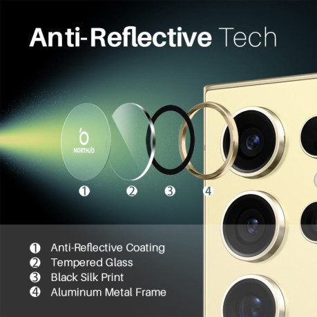 Защитное стекло NORTHJO Glitter Camera Lens Protector Tempered Glass Metal Ring на Samsung Galaxy S25 Ultra 5G - золотое