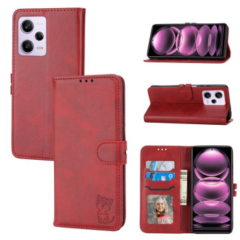 Чехол-книжка Happy Cat Pattern для Xiaomi Redmi Note 12 4G - красный