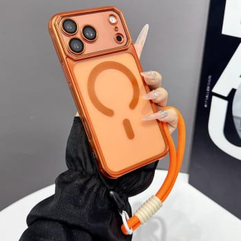 Матовый чехол Large Window Matte Electroplated TPU с MagSafe и ремешком на iPhone 17 Pro Max — оранжевый