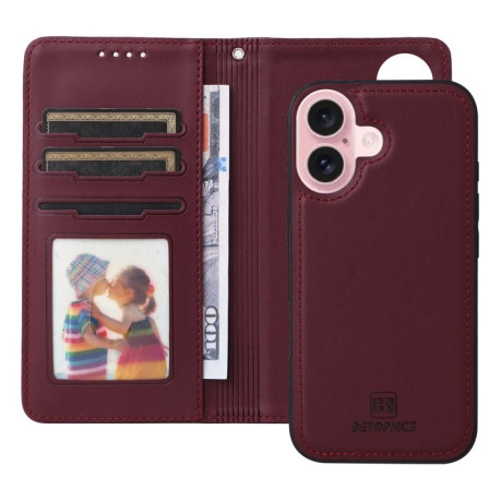 Чохол-книжка BETOPNICE BN-005 2 in 1 Detachable Imitate Genuine Leather для iPhone 16 - винно-червоний