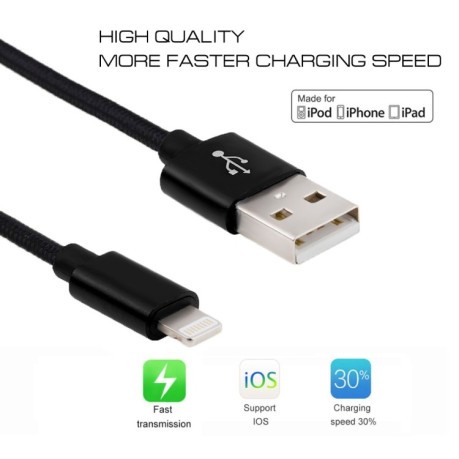 Зарядный кабель 3A Woven Style Metal Head 8 Pin to USB Charge Data Cable для iPhone/ iPad - черный