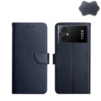 Кожаный чехол-книжка Genuine Leather Fingerprint-proof для Xiaomi Poco M5 4G/5G/M4 5G - синий