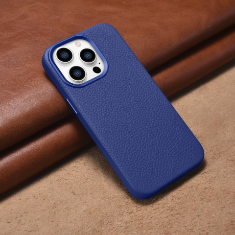 Кожаный чехол iCarer Litchi Premium для iPhone 14 Pro Max - синий