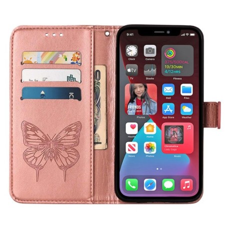 Чехол-книжка Embossed Butterfly для  iPhone 14 Pro - розовое золото